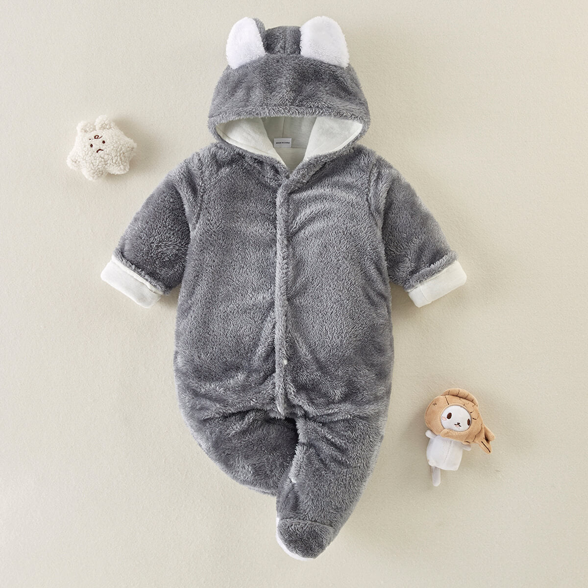 Baby Solid Color Bear Ear Plush Long-sleeved Long-leg Romper