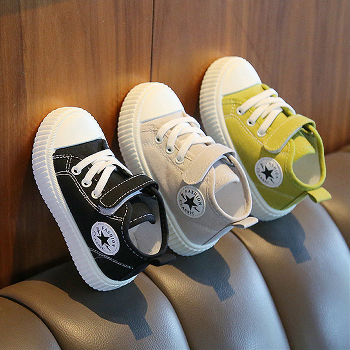 Children's and boys' spring and autumn pure color simple casual style Velcro high-top canvas shoes