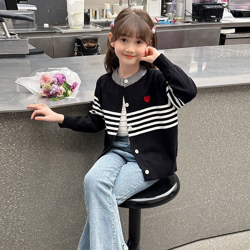 Sweet cotton outerwear sweater striped children's knitted top