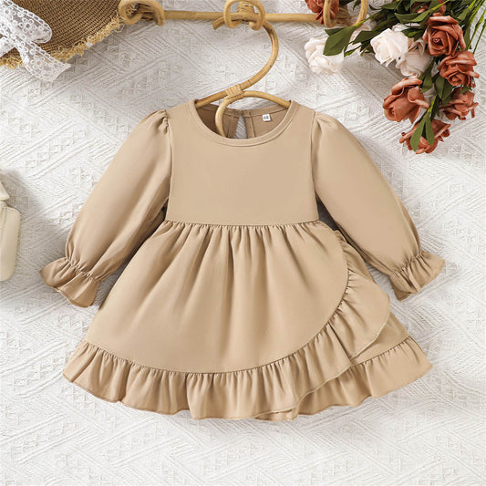 Girls Ruffle Lace Long Sleeve Solid Color Printed Dress