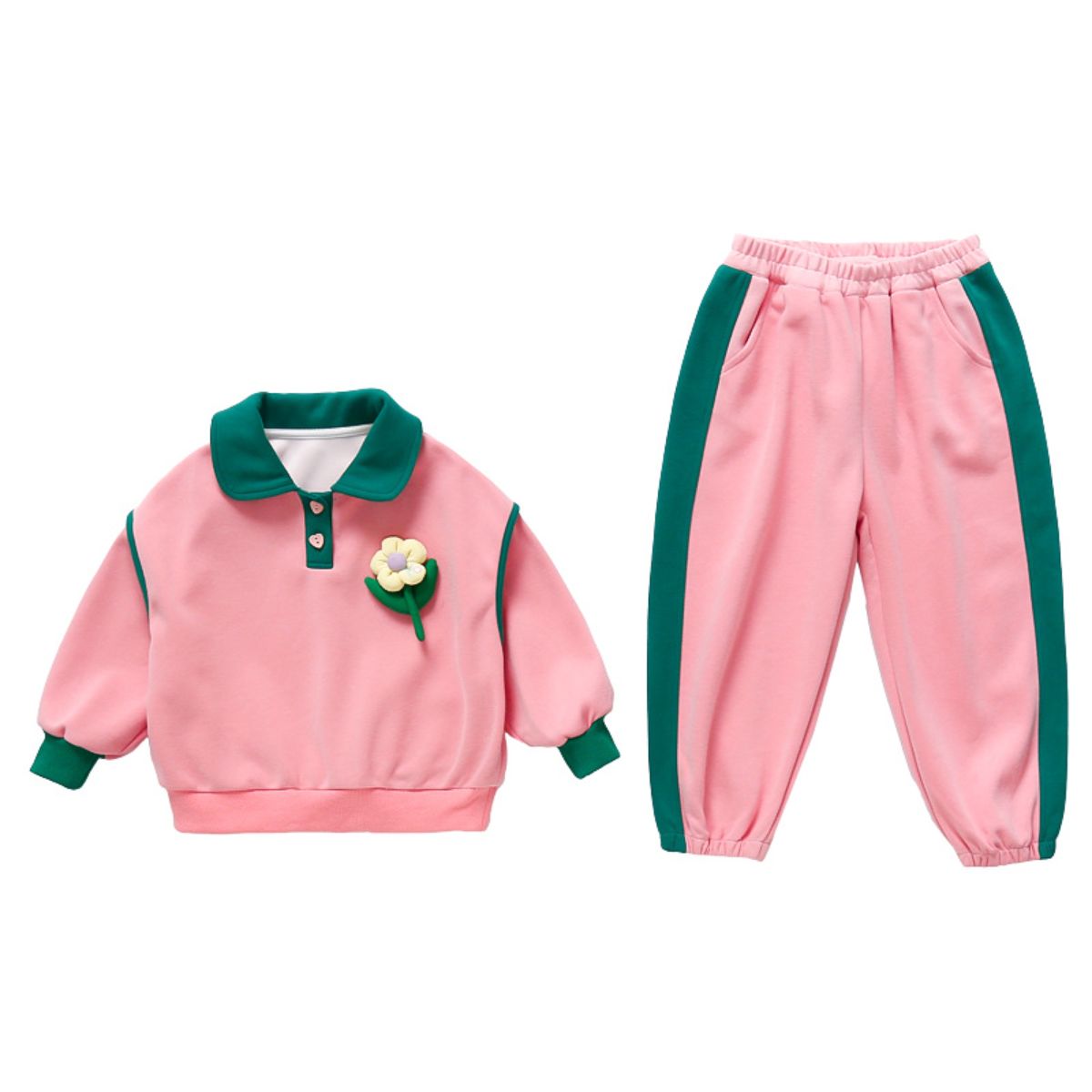 Girls Autumn Lapel Flower Colorblock Sports Suit