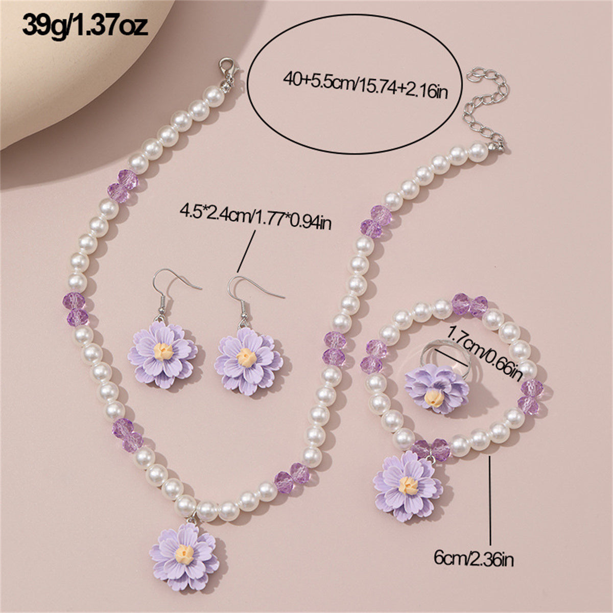 Children's 4-piece design sweet style imitation pearl flower pendant jewelry set