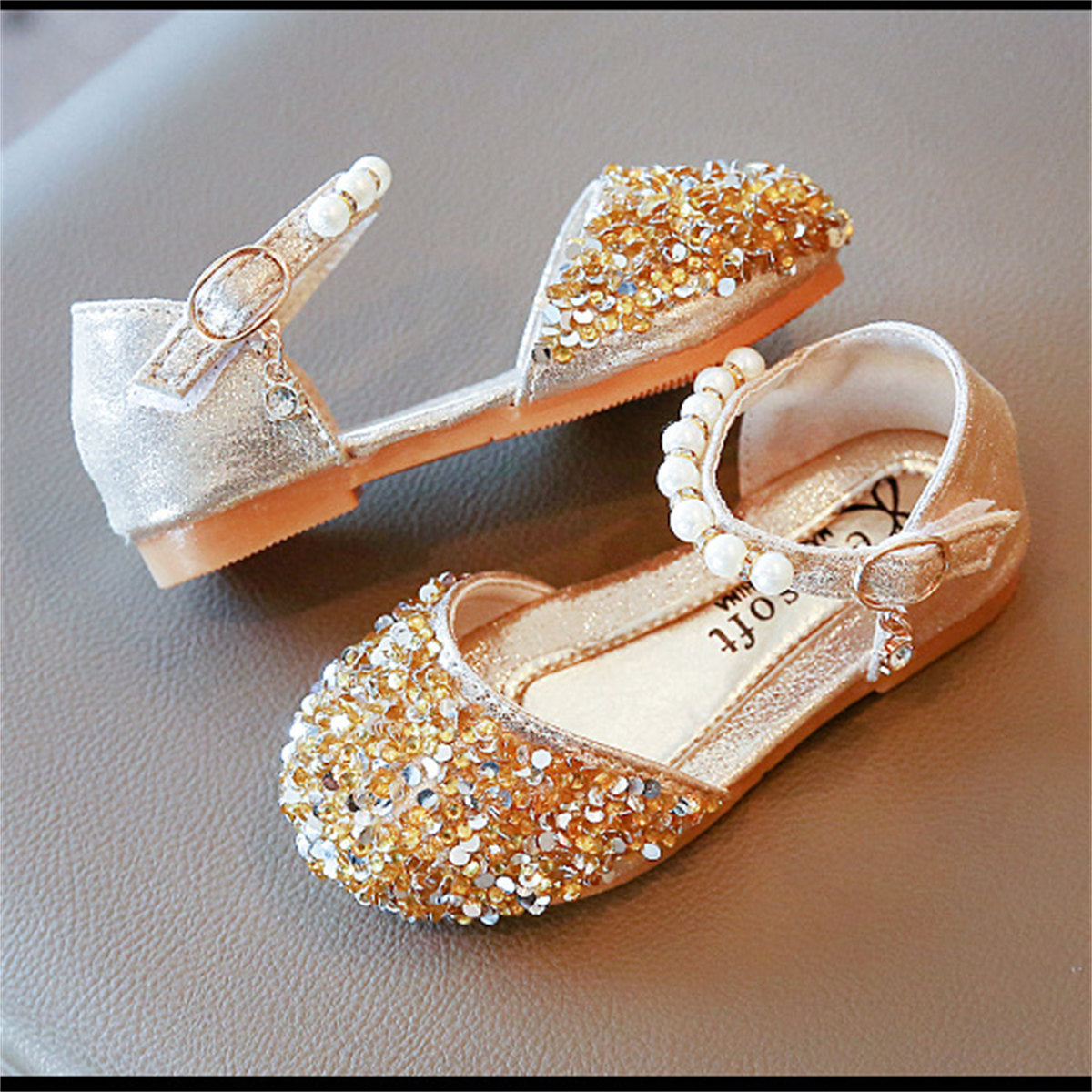 Little girl princess style sequined ladies pearl style sweet flat leather shoes