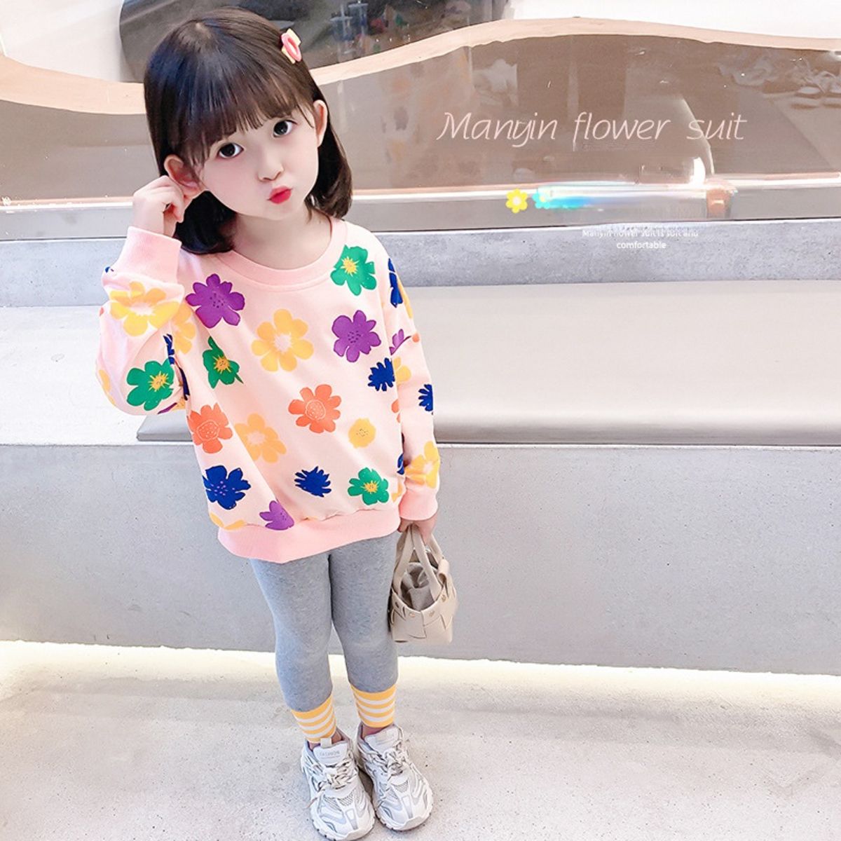 Children's spring and autumn new baby girl fashion cartoon full print flower sweater two-piece set small fresh suit