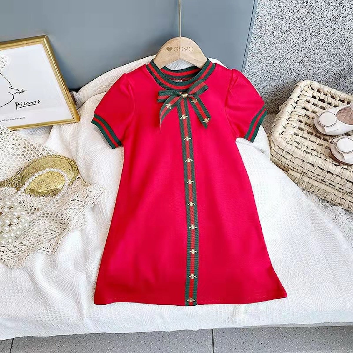 Summer Girls Dress Bowknot Chanel Style Princess Dress Baby College Style Puff Sleeve Dress