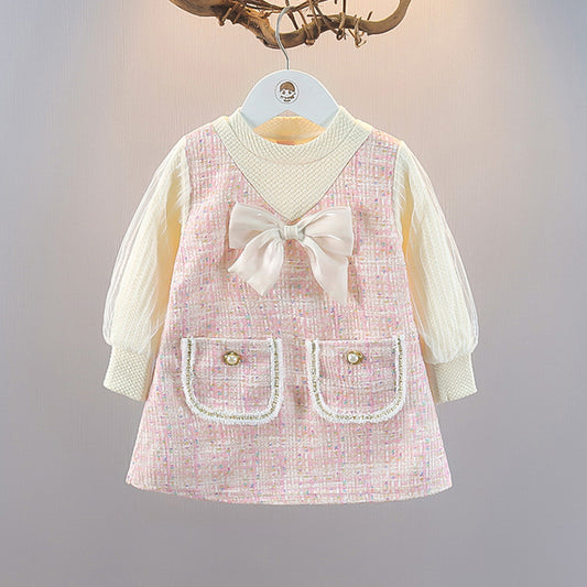 Spring and Autumn new style Chanel style girls dress fake two-piece puff sleeve princess dress