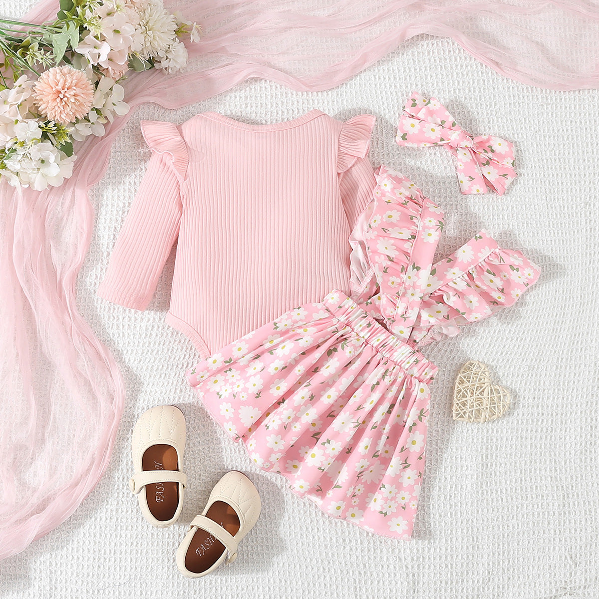 Baby Girl Sweet Cute Floral Pattern Front Bow Skirt Ruffle Cross Strap Skirt with Pink Long Sleeve Triangle Sweater and Headband Fall 3-Piece Set