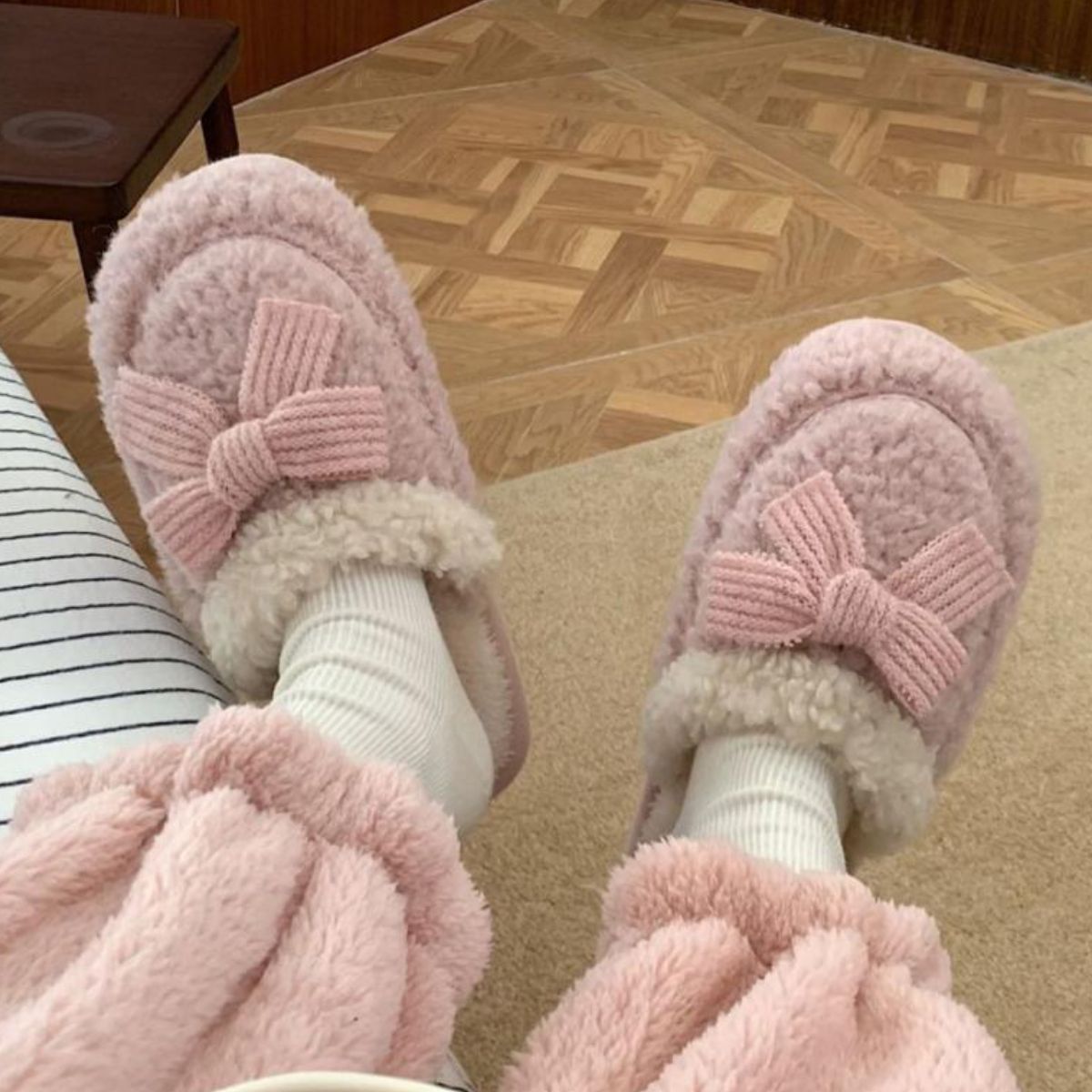 Bowknot warm non-slip plush cotton slippers