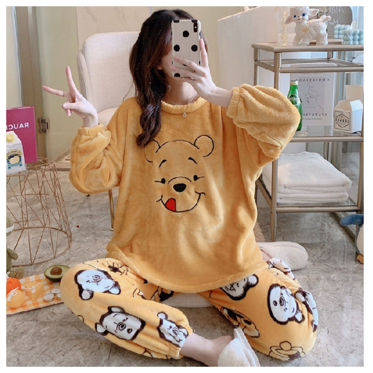 Long-sleeved thickened coral fleece cute autumn and winter home clothes suit