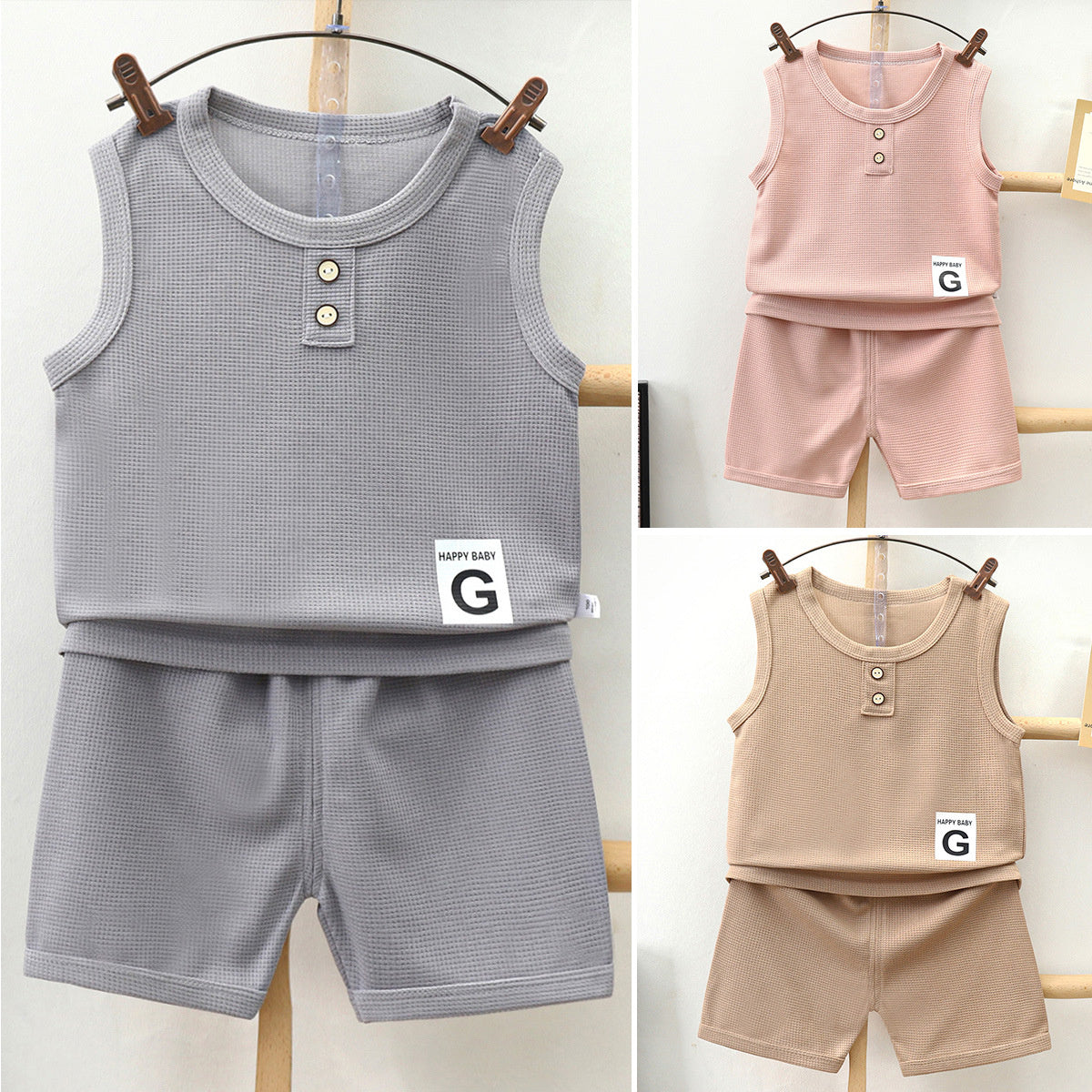 Children vest suit summer waffle boys girls shorts summer clothes