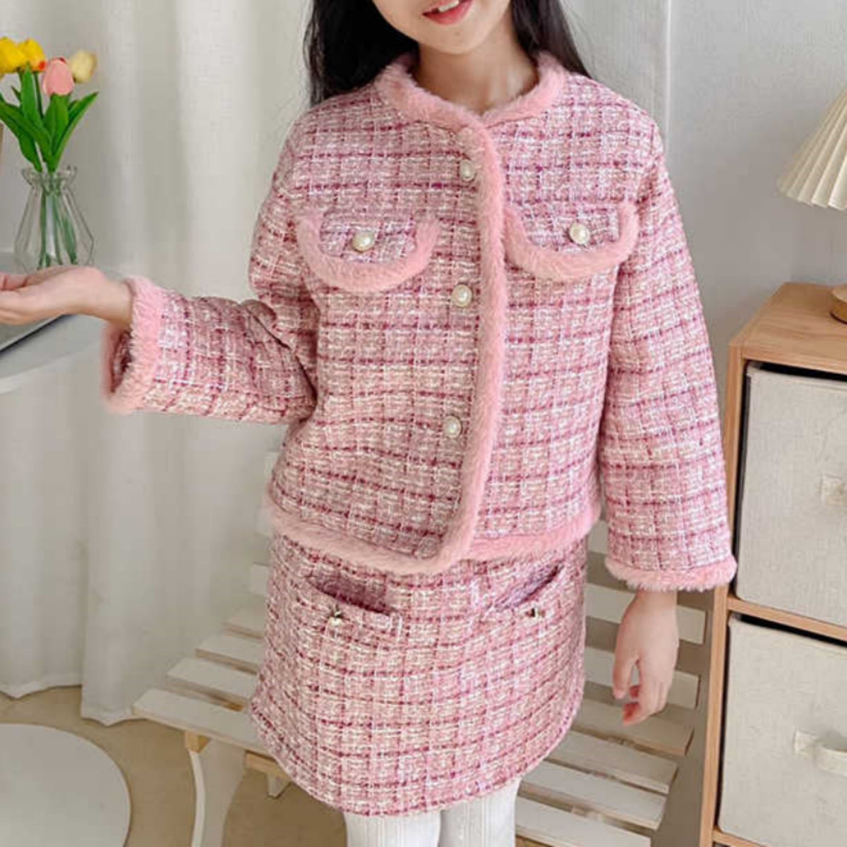 Children&#39;s winter new style girls&#39; Chanel style quilted jacket + skirt two-piece set thickened fashionable suit