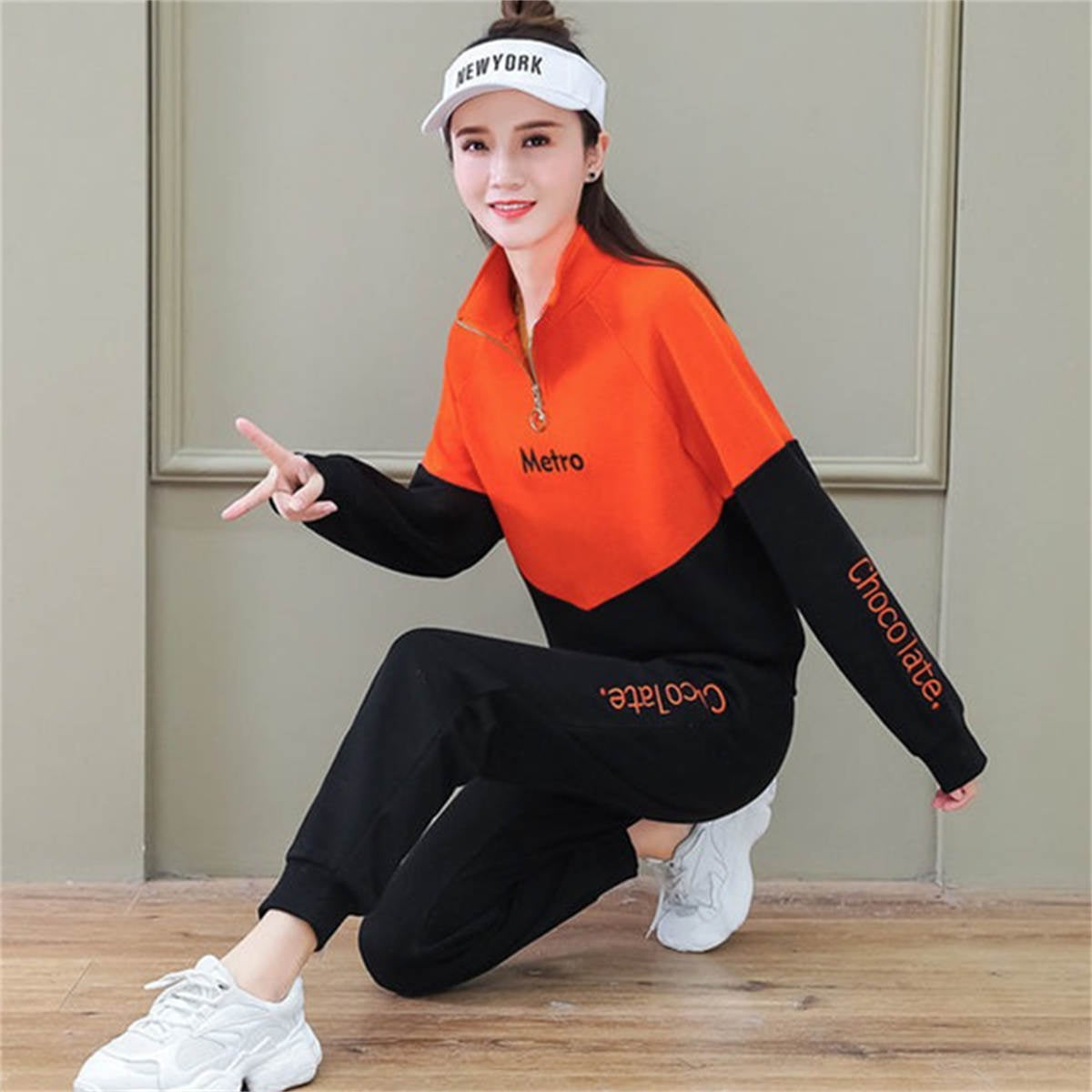 Women's sports large size stand collar sweatshirt suit