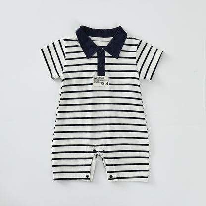 Striped lapel patch romper