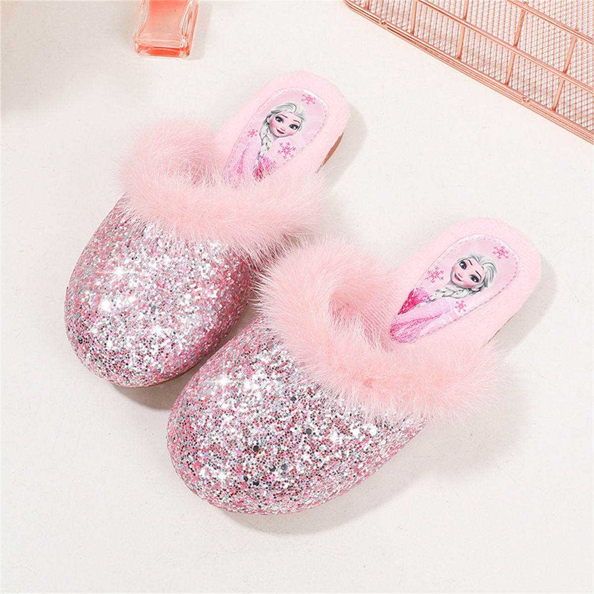 Winter Princess Elsa fur-edged sequined cotton slippers for middle and older girls