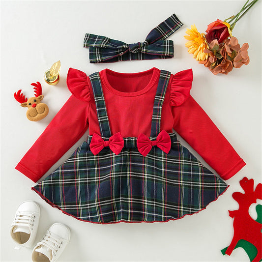 Dress with head bow, suspender skirt, Christmas design