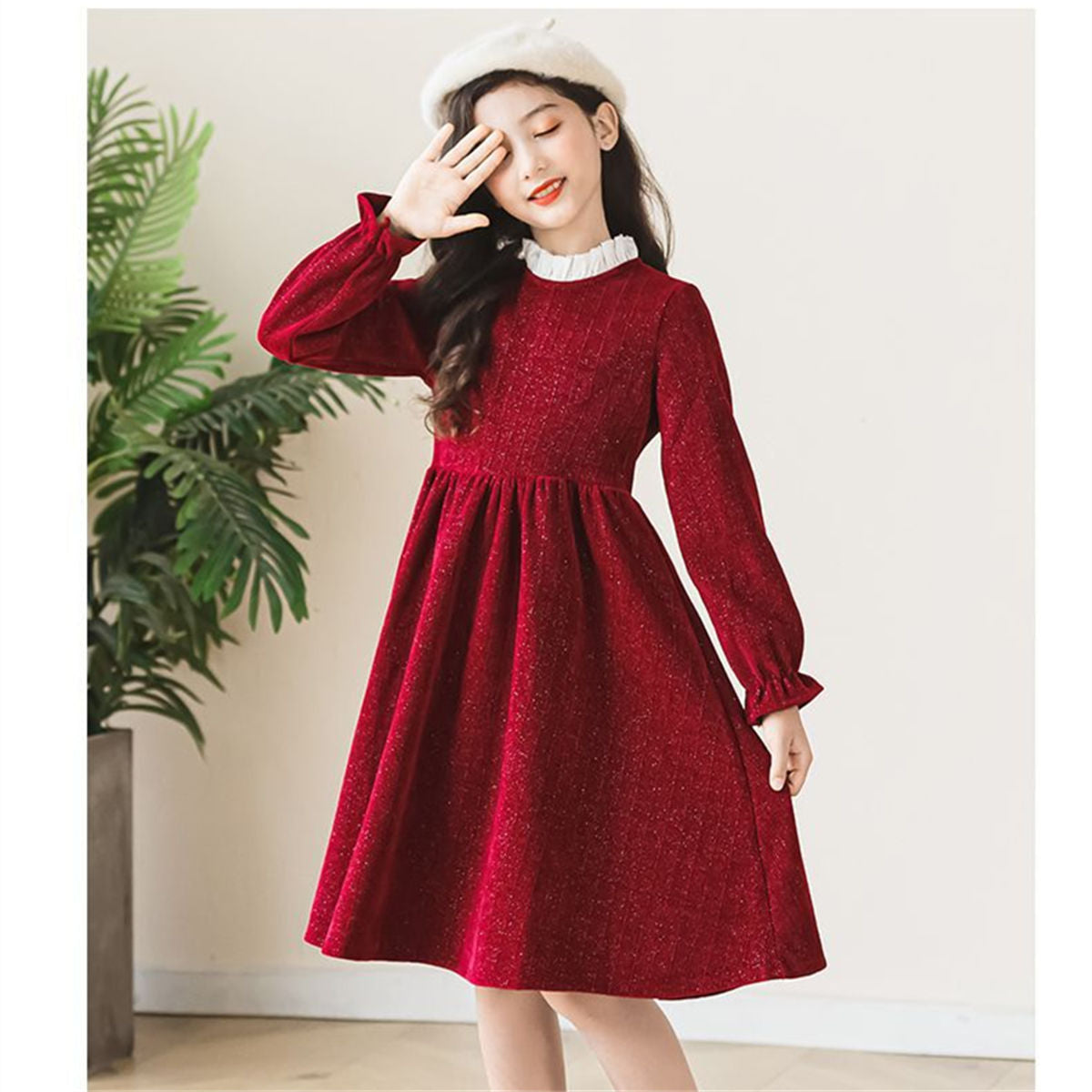 Autumn red temperament style lace long-sleeved dress for middle and large girls