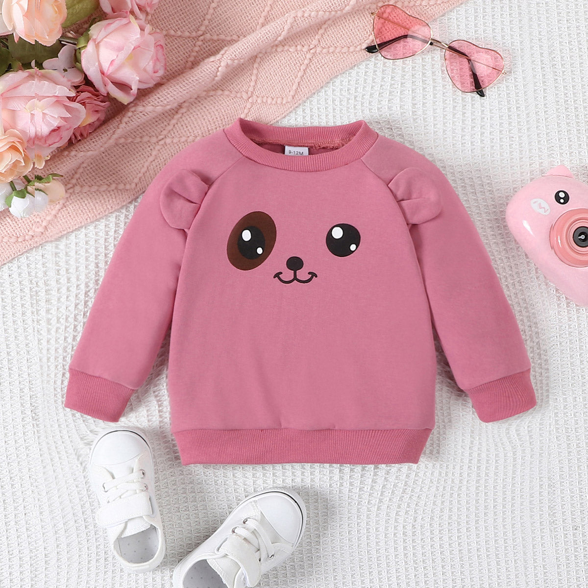 Baby Girls Cute Casual Cartoon Printed 3D Ear Shaped Round Neck Long Sleeve Sweater