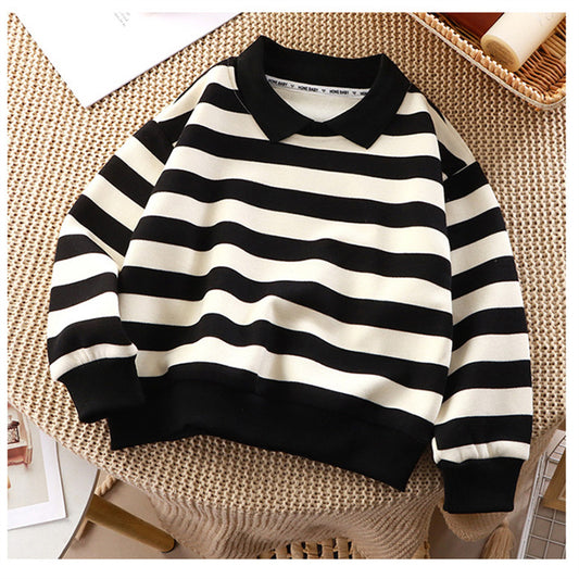 New autumn and winter boys' lapel polo shirt striped sweatshirt