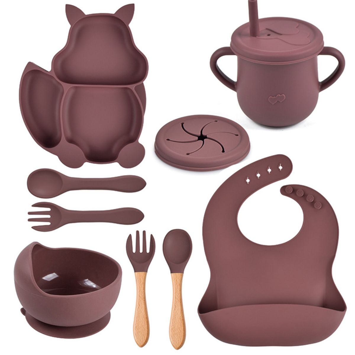 Ready stock squirrel silicone tableware, baby silicone food supplement set, baby fork and spoon integrated silicone dinner plate set