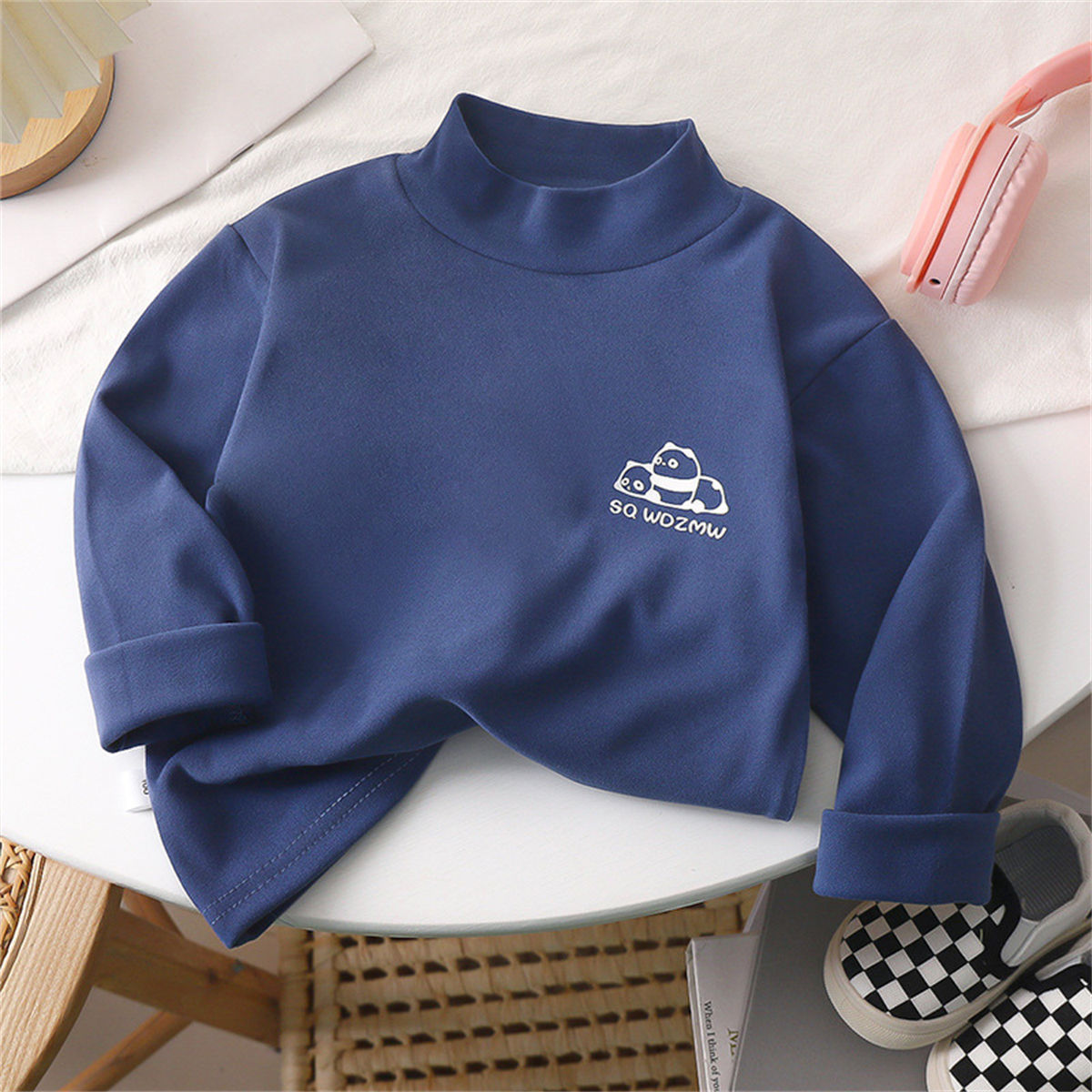 Winter half-high collar inner wear for medium and large children's boys and girls, warm and cute patterned bottoming shirts