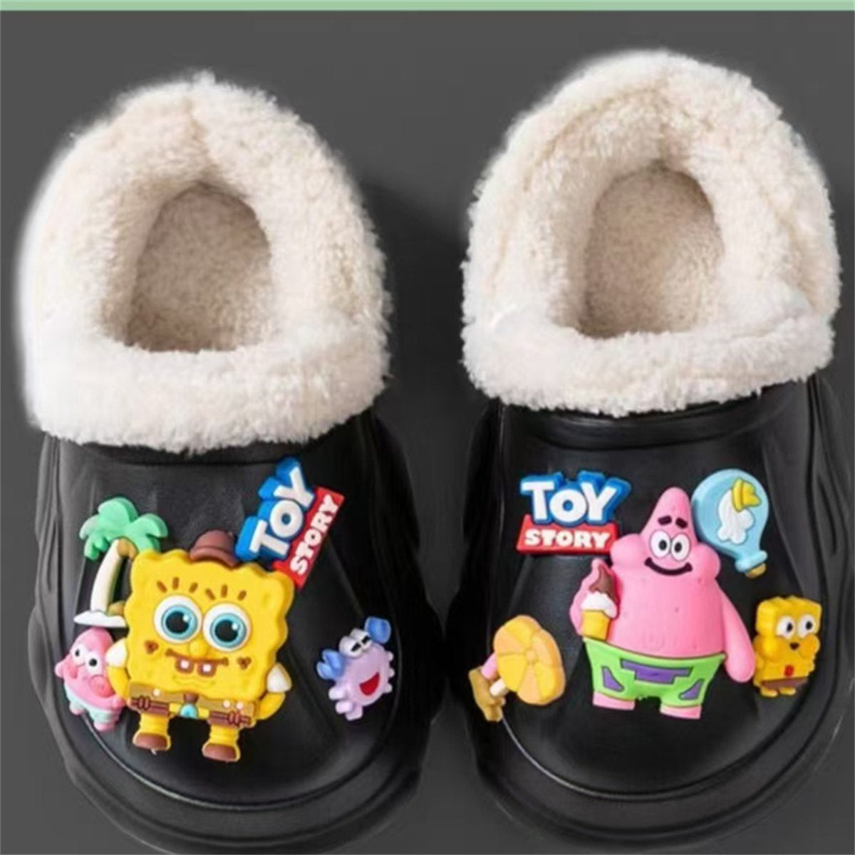 Children's autumn and winter boys and girls' SpongeBob SquarePants plush warm furry shoes non-slip soft bottom closed toe cotton slippers