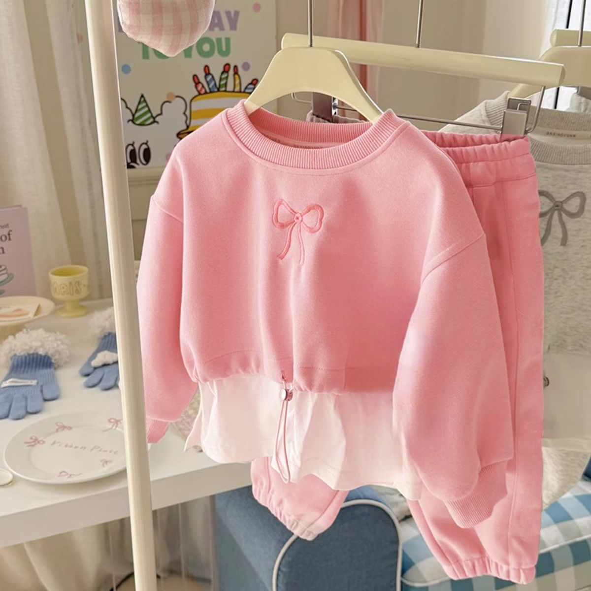 New autumn girls bow sweater suit children's round neck top casual sweatpants two-piece suit