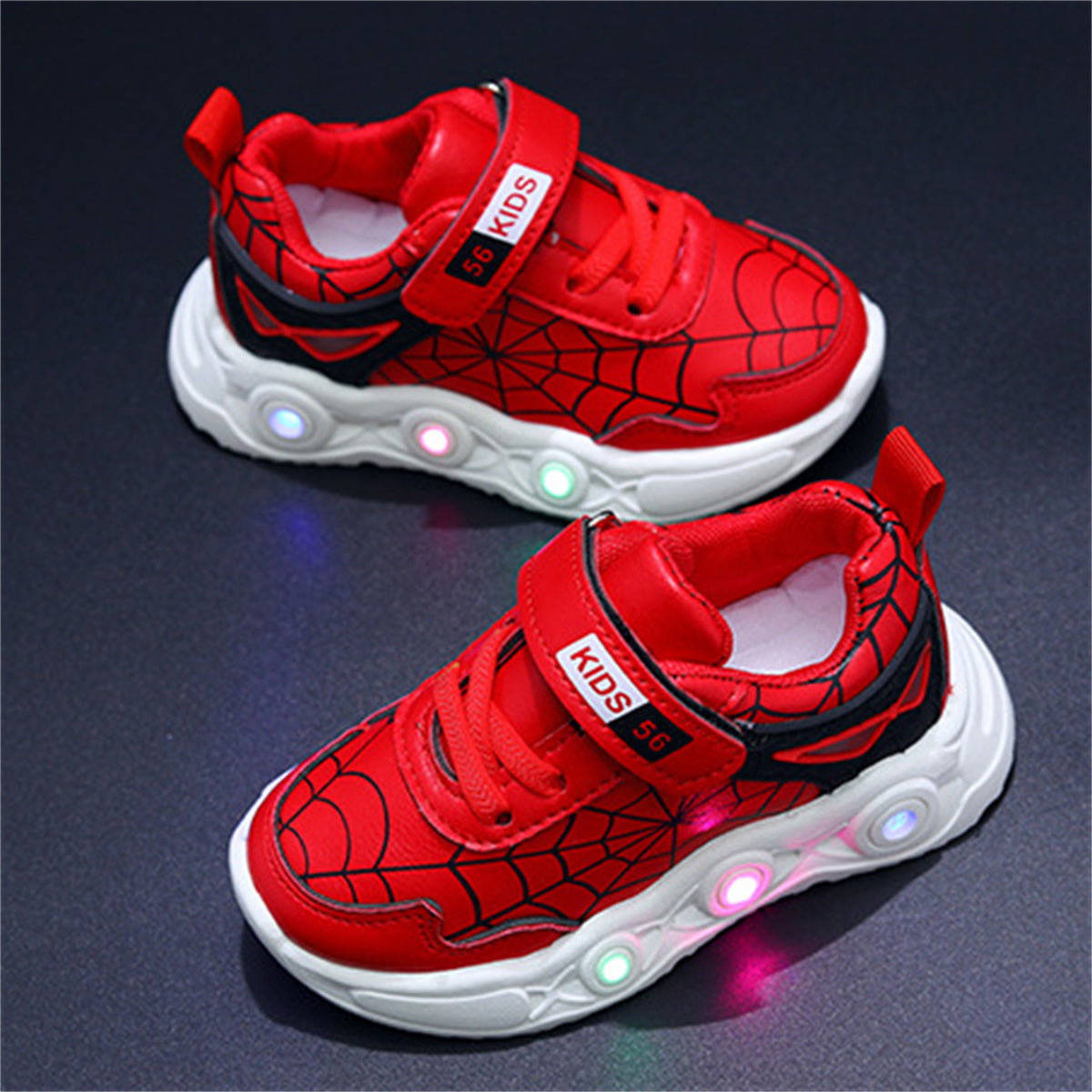 New children's cartoon sports shoes with lights in spring and autumn, leather spider web LED luminous children's shoes for 1-6 years old boys