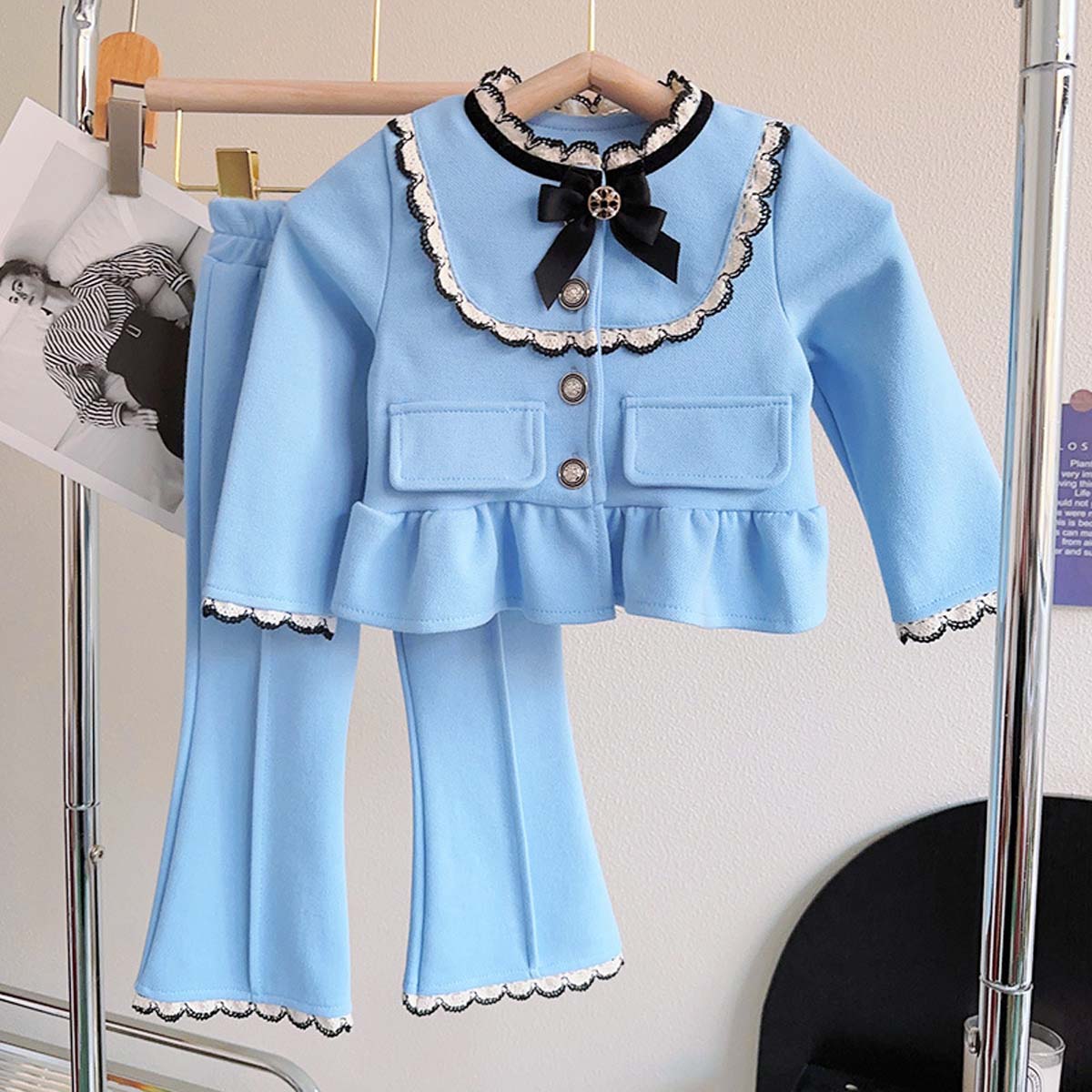 New spring and autumn girls' doll collar top + casual pants two-piece set