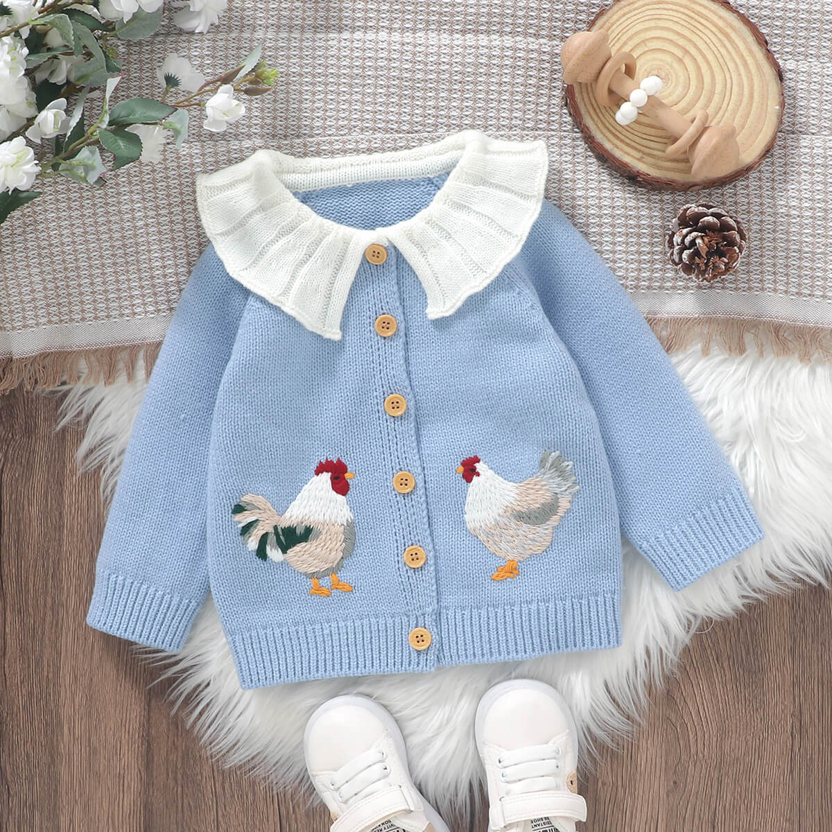 Infant and Toddler Knitted Cute Chick Embroidery Baby Jacket Cardigan