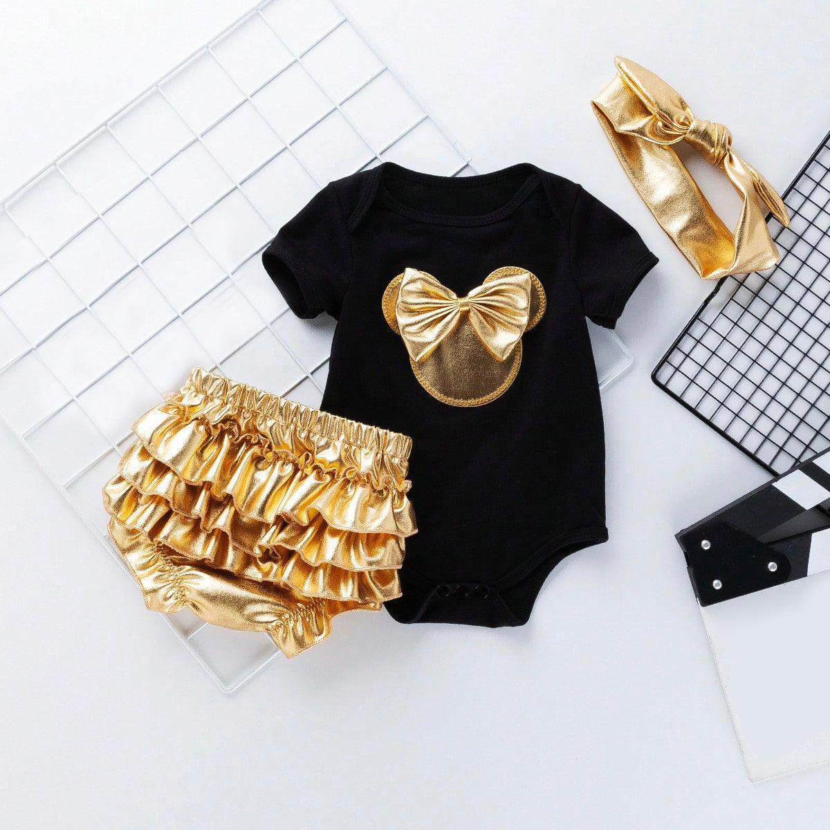 Baby Bow Decor Romper & Gold Shorts & Shoes With Hairband 4 Pcs