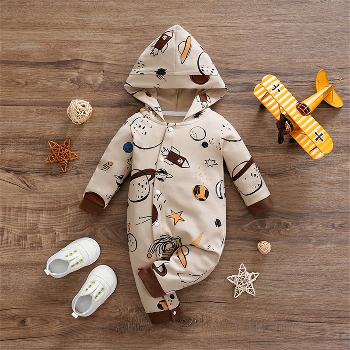 Baby Spring and Autumn Pure Cotton Planet Hooded Sweater Bodysuit