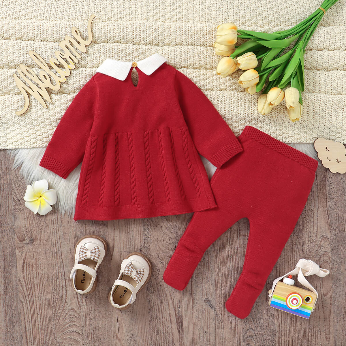 Infant knitted tops, hand-crocheted embroidered pullover sweater + foot-length socks and pants two-piece set