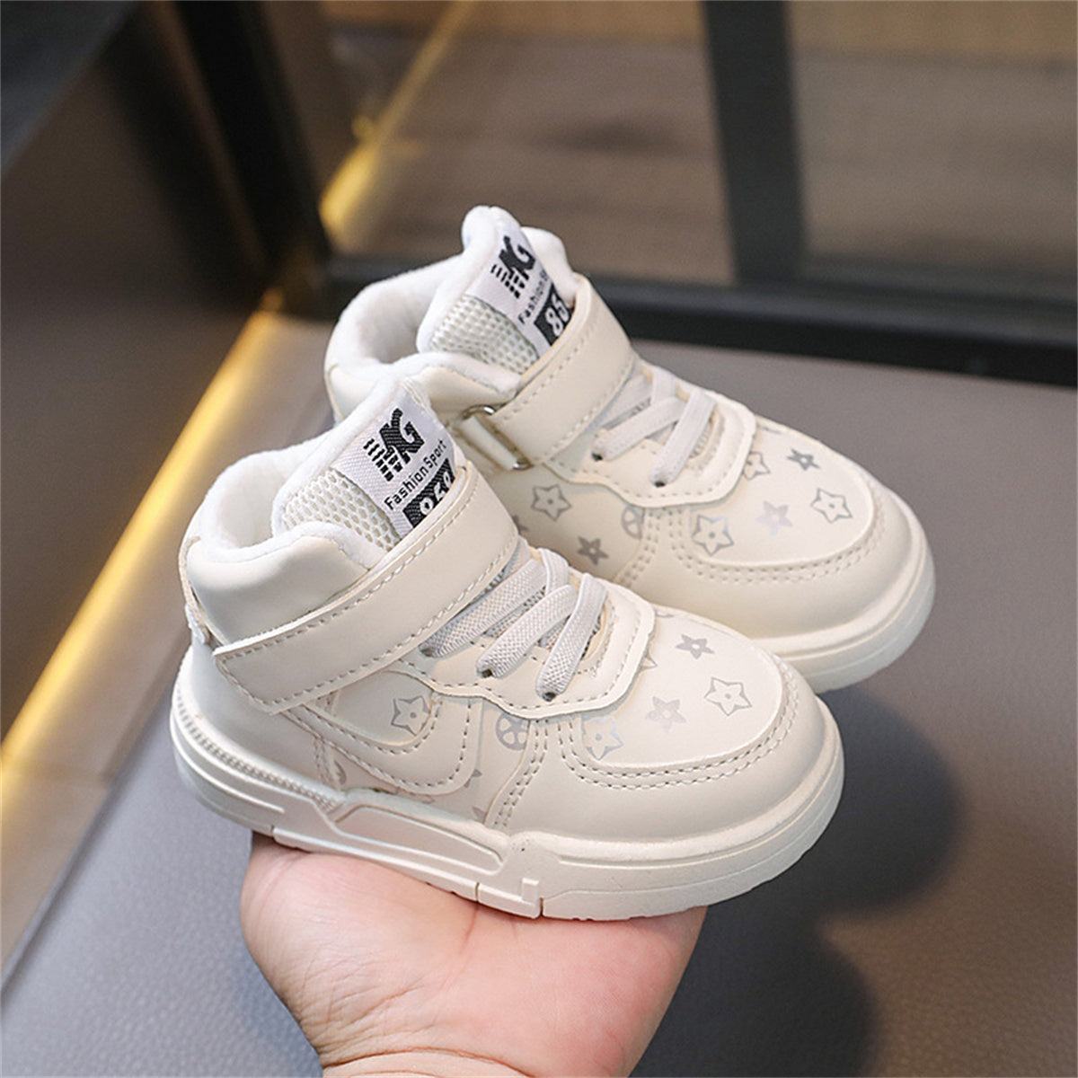 Children's autumn and winter boys and girls plus velvet fashionable printed warm non-slip high-top cotton shoes