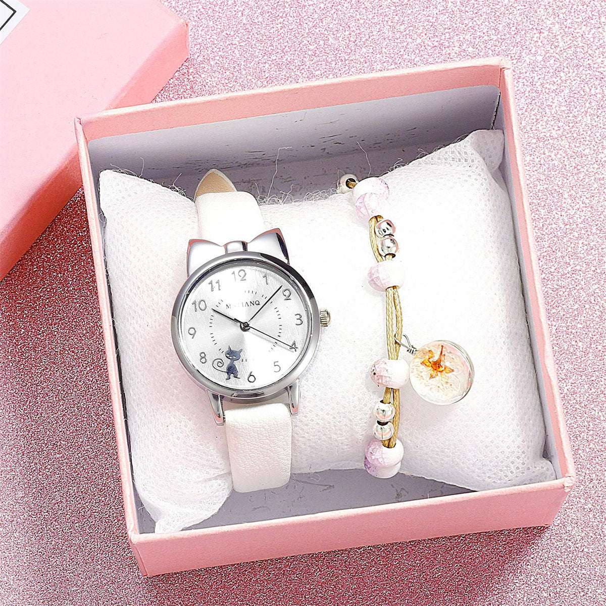 Children Girls 2-piece Set Cute Lady Style Cartoon Cat Moon Bracelet Watch