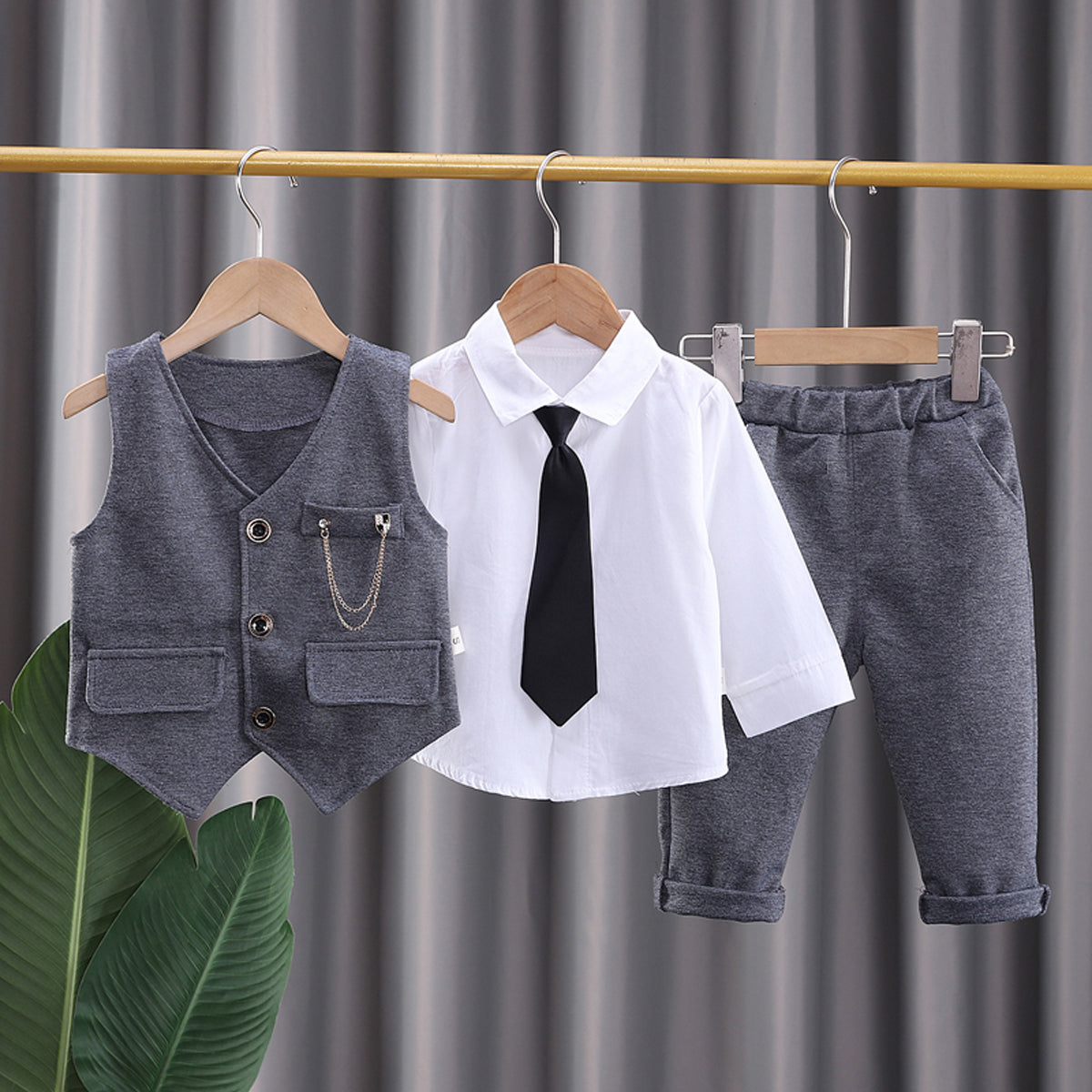 5-piece Toddler Boy Long Sleeve Shirt & Solid Color Button-up Vest & Matching Pants With Tie