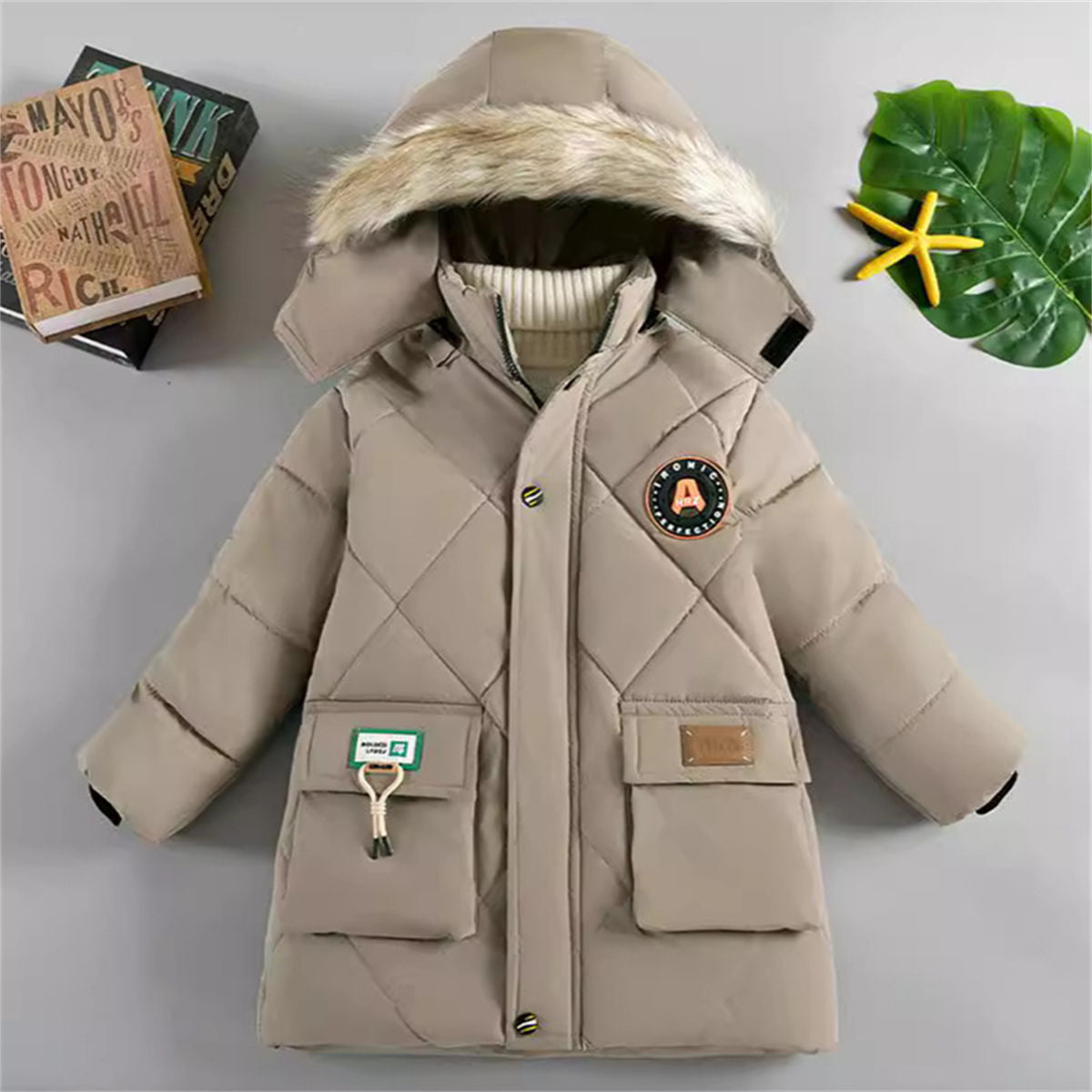 Winter thickened warm simple solid color short cotton coat for middle and large boys