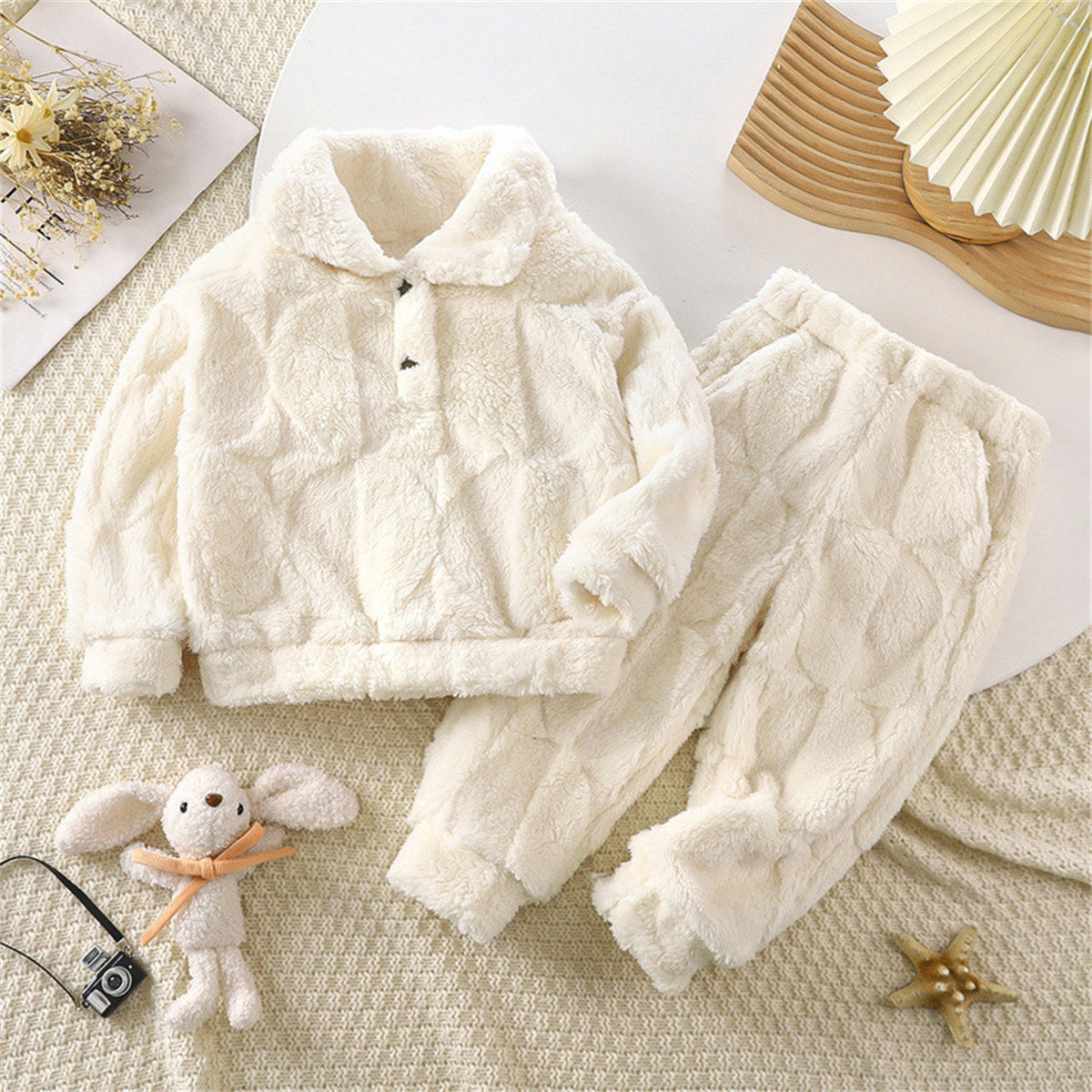 Children's home clothes pajamas set autumn and winter thickened comfortable cotton velvet medium and large children warm solid color