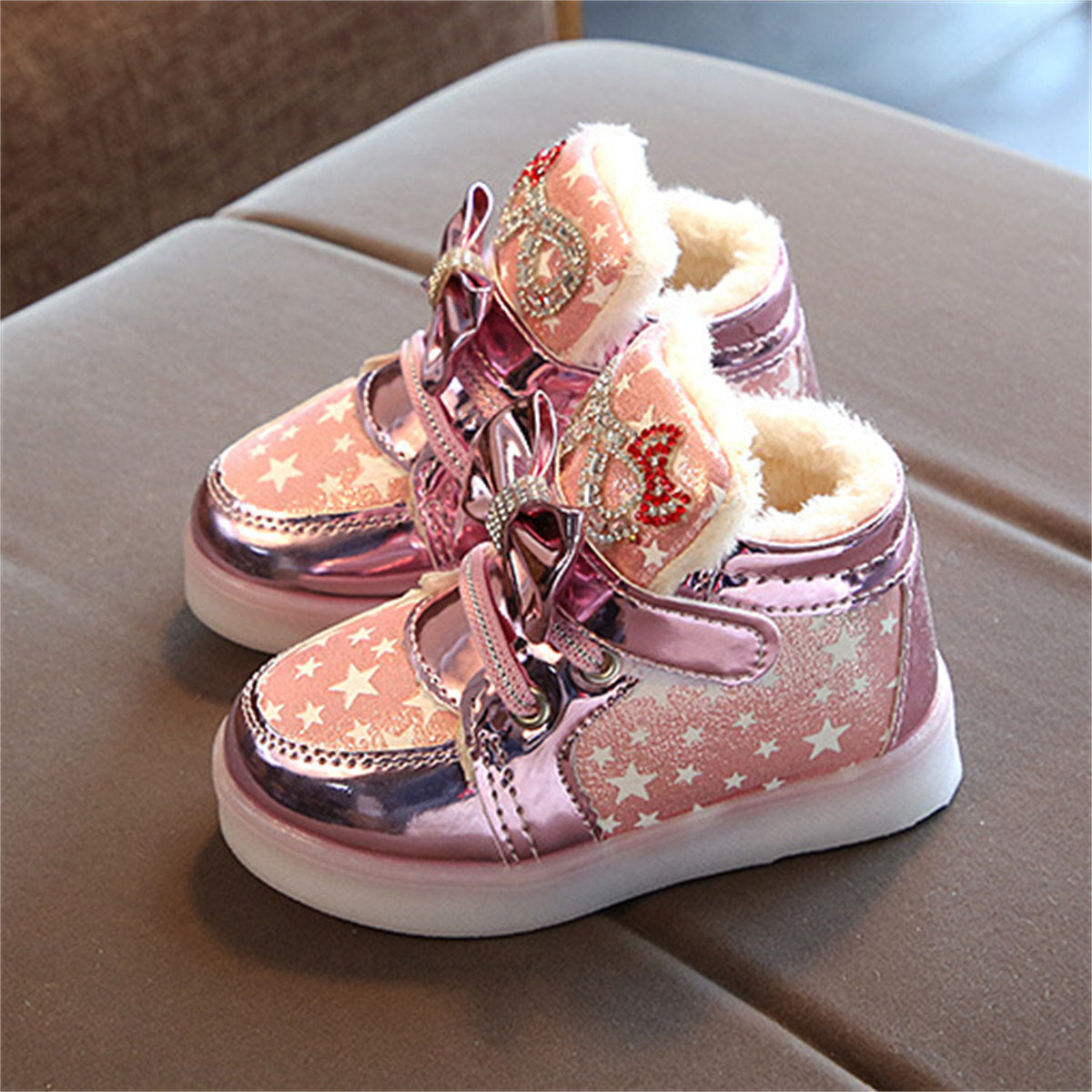 Cute and elegant bow-knot glittering LED high-top sneakers for little girls