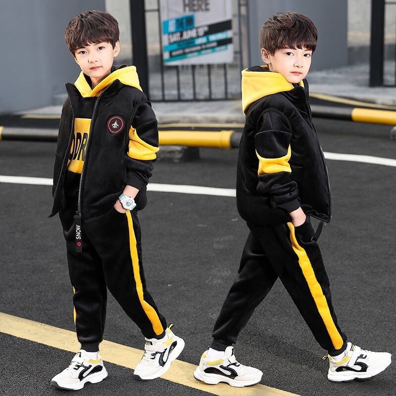 Autumn and winter double-faced fleece three-piece suit for children, plus fleece vest and sweatshirt suit