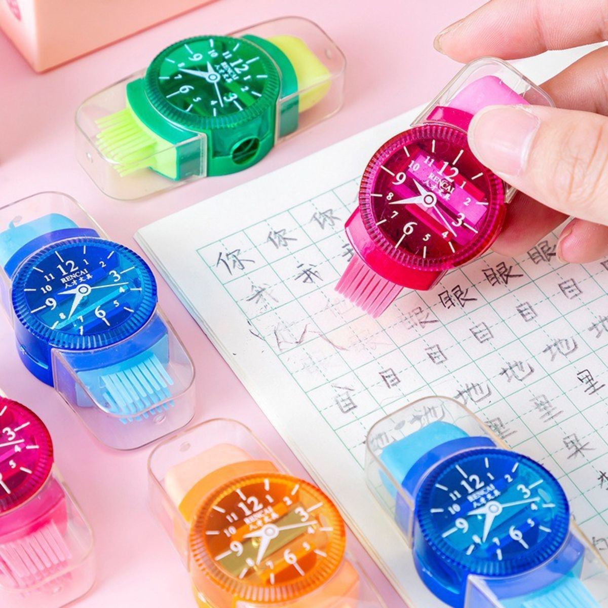 Children's creative watch shape pencil sharpener with eraser cleaning brush three in one multifunctional pencil sharpener for primary school students