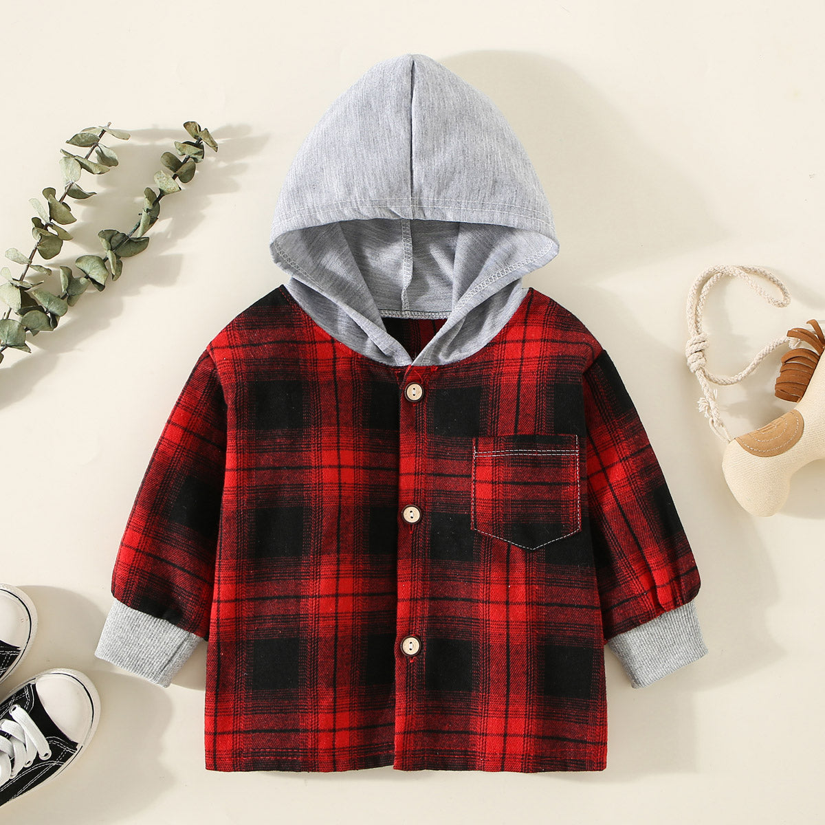 Children's spring and autumn shirts, children's clothing, boys' hooded plaid shirts, girls' baby long-sleeved plaid bottoming coats and tops