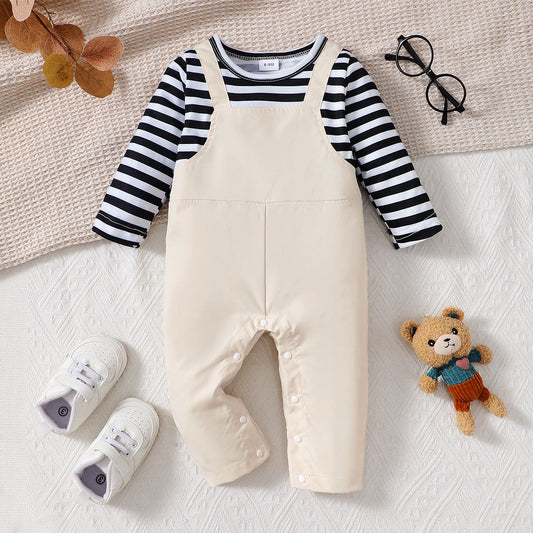 Khaki Striped Fake Suspender Bodysuit