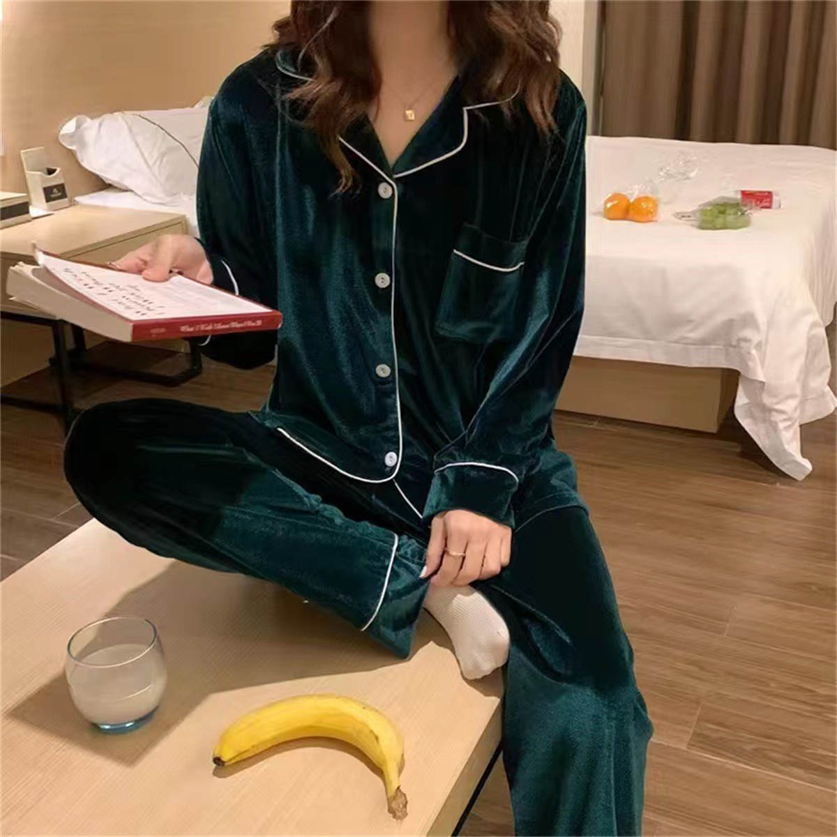 Gold velvet pajamas women's lapel cardigan warm plus size home clothes