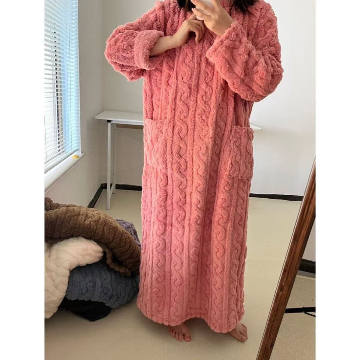 Autumn and winter coral fleece long nightdress large size plus velvet thickened nightgown nightdress