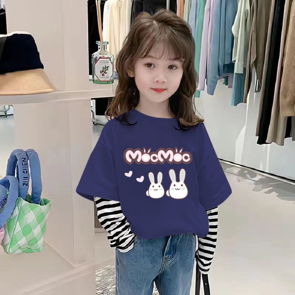 Girls long-sleeved pure cotton t-shirt fake two-piece new children's autumn clothing tops baby spring and autumn t-shirt