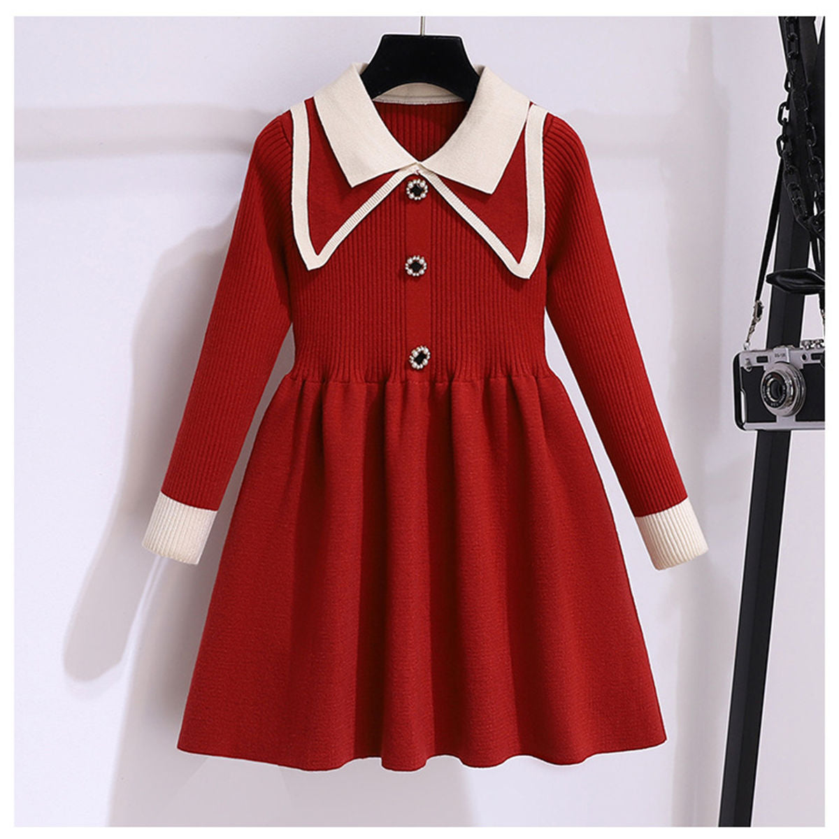 Middle and large girls autumn knitted sweater style simple style long sleeve dress