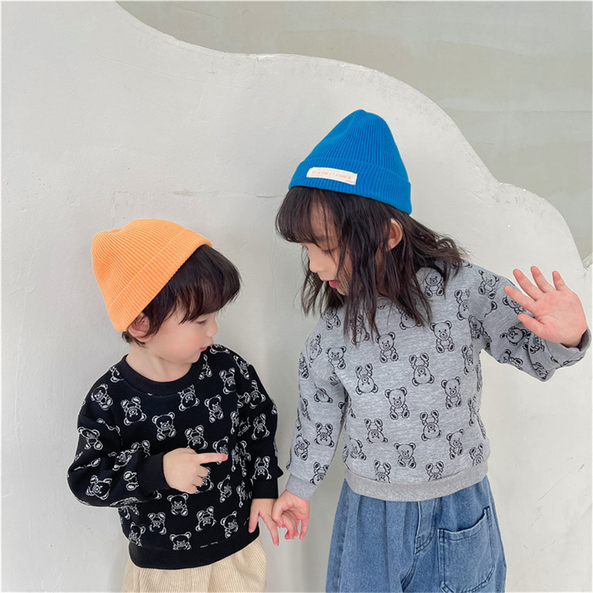 Children's Bear Terry Pullover Sweater Spring and Autumn New Girls Round Neck Long Sleeve Bottoming Shirt Boys T-shirt Children's Clothing