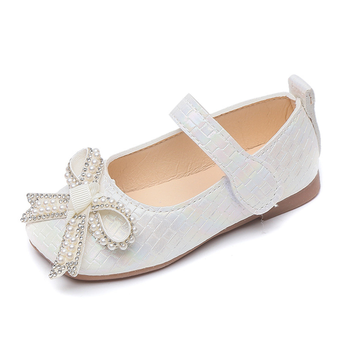 Children's sweet princess style pearl bow comfortable Velcro flat leather shoes