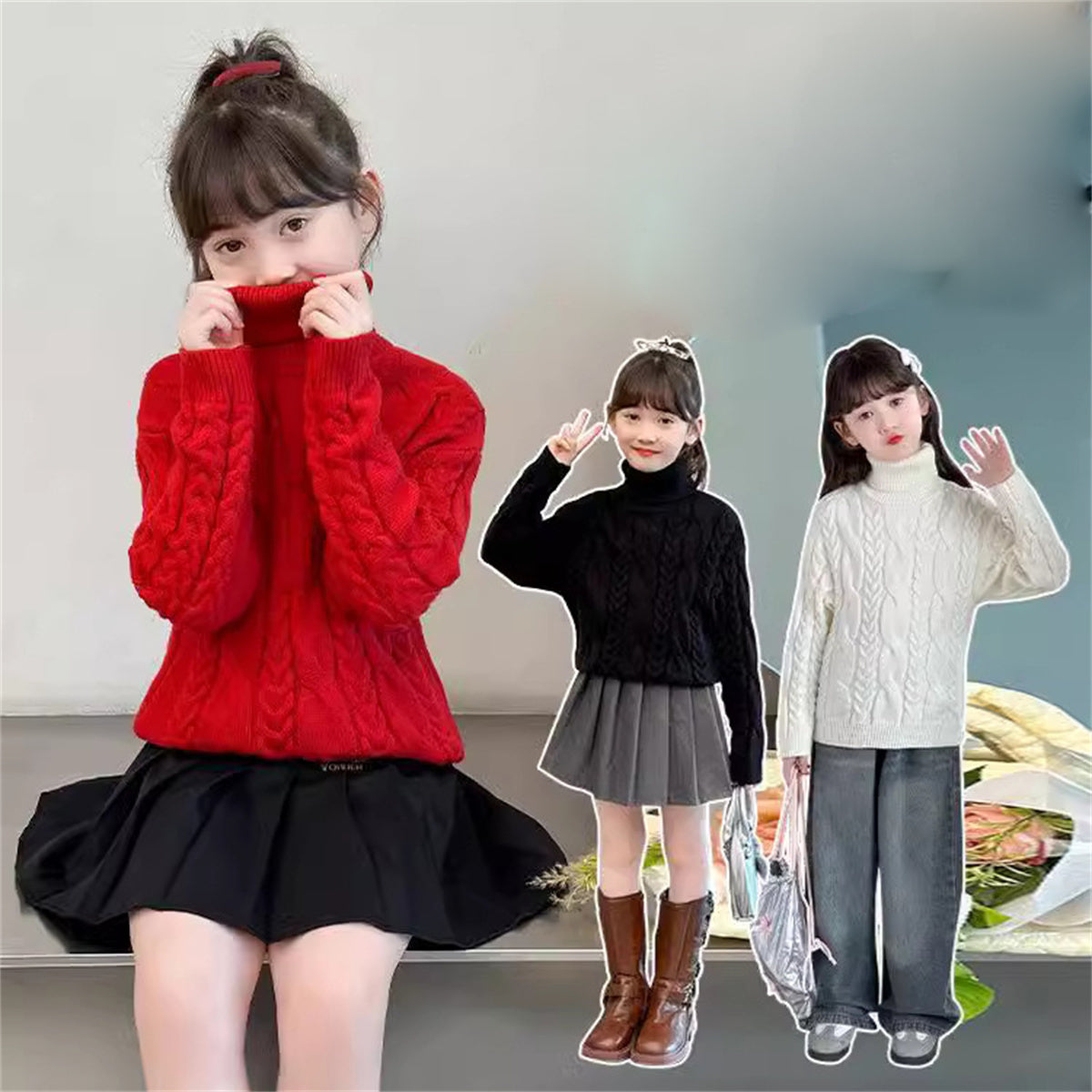 Children's Fashion Pullover Turtleneck Tops for Middle and Large Children Linen Bottom Knitted Sweaters