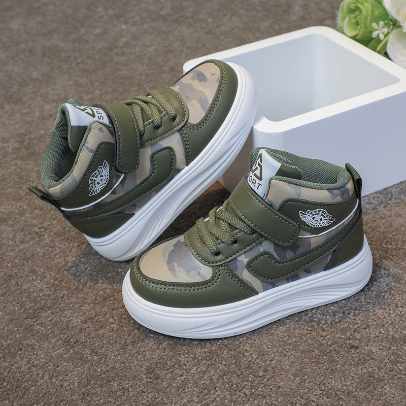 Middle and large boys spring and autumn camouflage sports style Velcro non-slip high-top sneakers